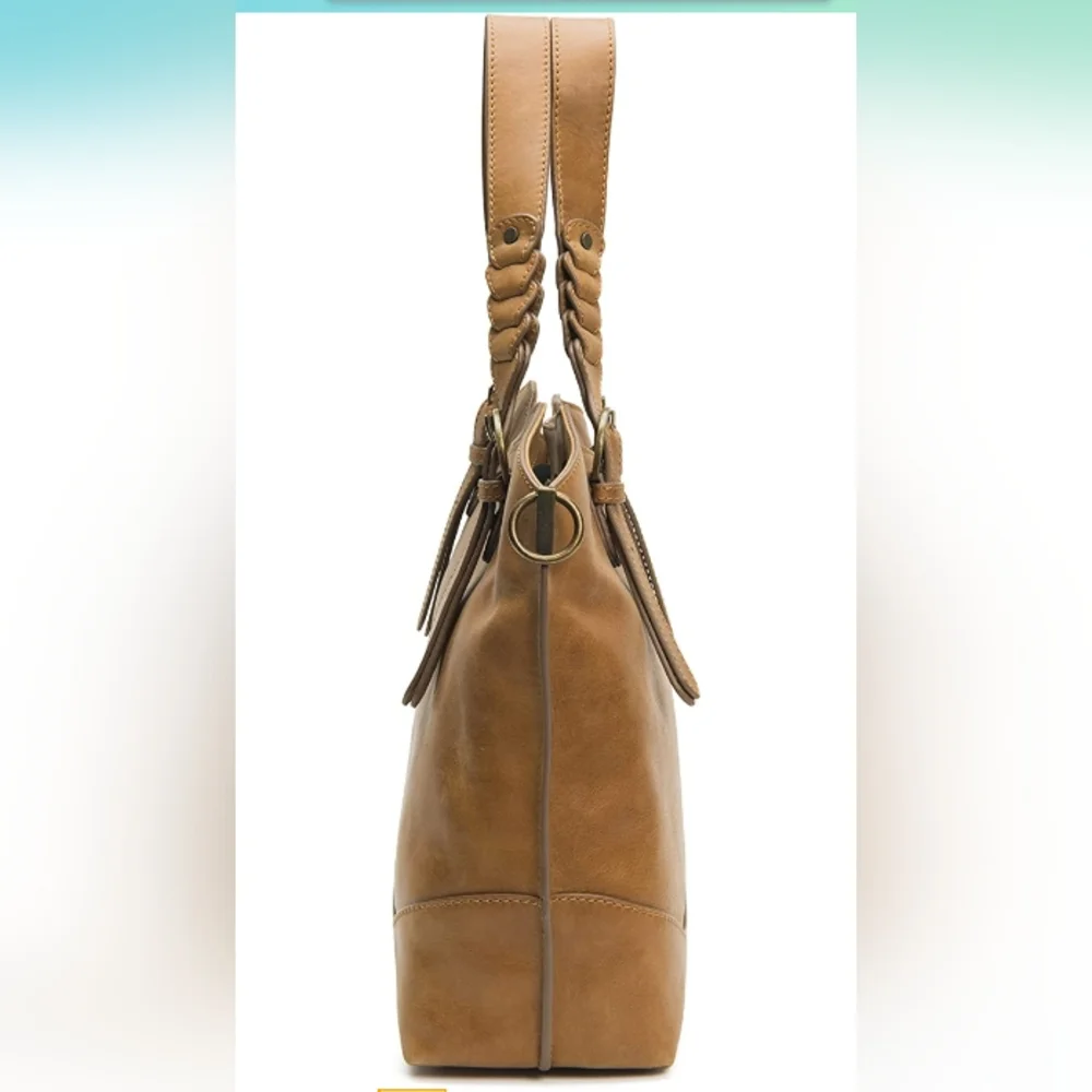 Frye Maddie Shopper Genuine Leather Handbag Tan Caramel Brass Braided Western - Picture 4 of 12